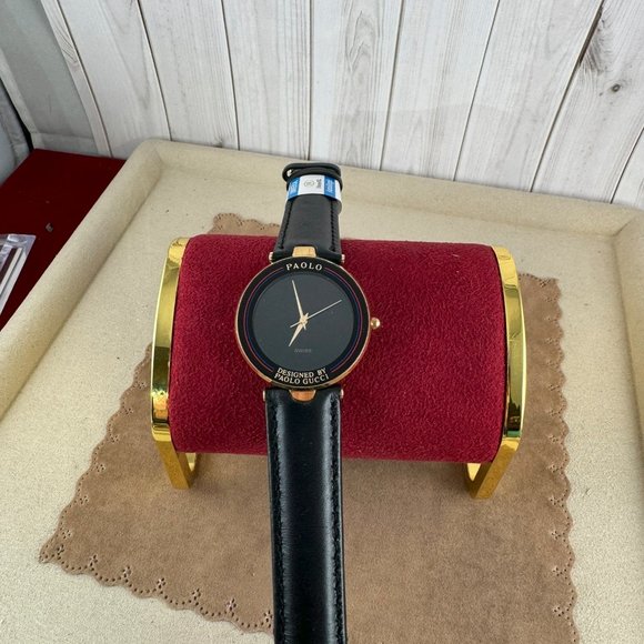 Vintage Paolo Gucci 18K Gold Plated Swiss Watch New Italian Black Strap main image 9